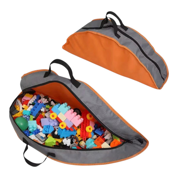 Sac de rangement BenRange fermé et ouvert, rempli de blocs de construction