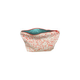 Trousse cousue main ouverte, doublure turquoise et fermeture éclair rouge